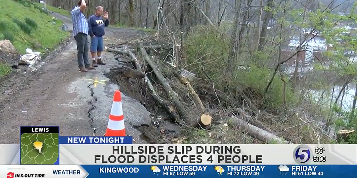 Hillside slip during flood displaces 4 people [Video]