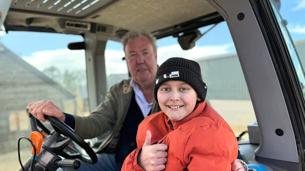 Jeremy Clarkson helps make young cancer patient’s dreams come true as 12-year-old boy battling rare disease rides Lamborghini tractor and holds the Stig’s helmet at Diddly Squat [Video]