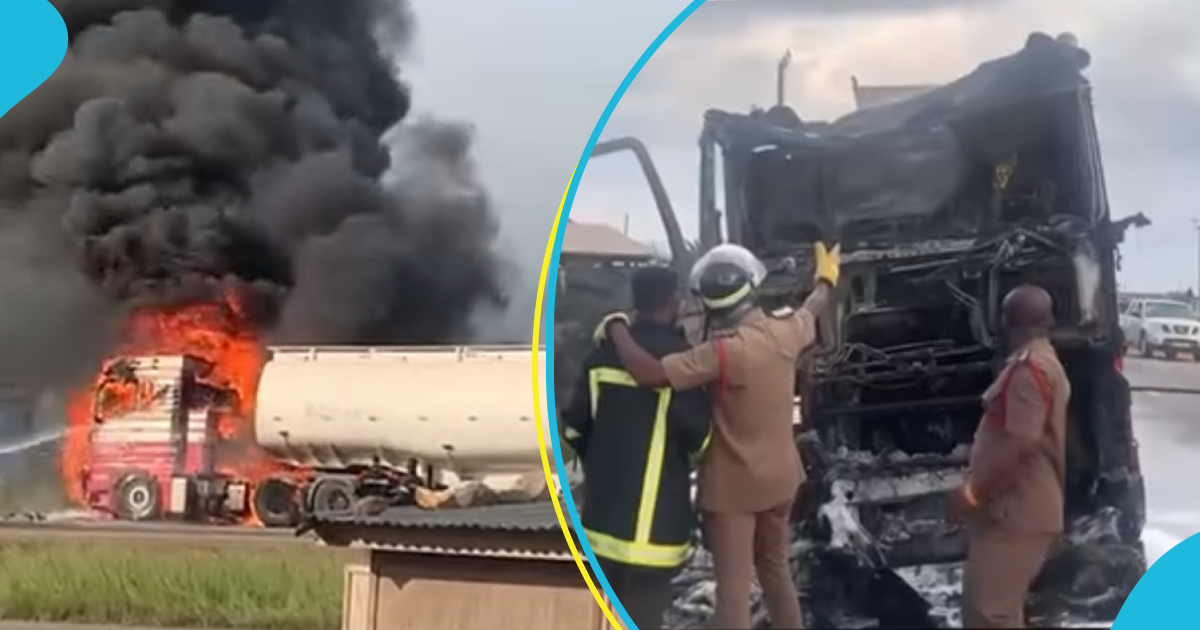 Ghana Fire Service Prevents Explosion After Fuel Tanker Caught Fire On Kumasi-Accra Road [Video]