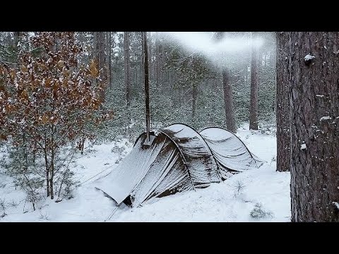 -38C EXTREME COLD WINTER CAMPING in a HOT WINTER STORM hits HOT tent. FREEZING wind, FLAMING stove [Video]
