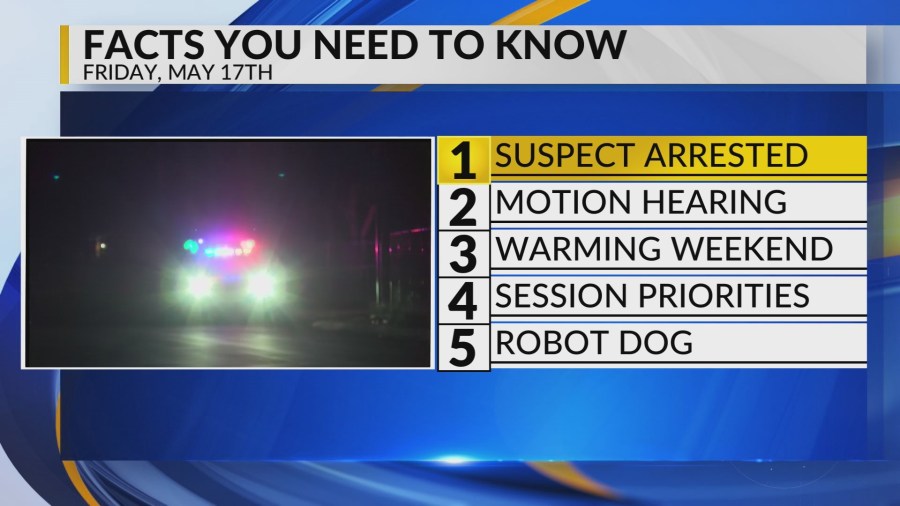 Suspect arrested, Motion hearing, Warming weekend, Session priorities, Robot dog [Video]