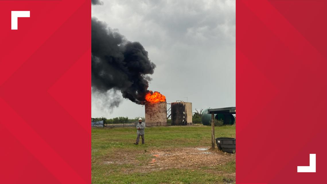 Oil storage tank fire outside Fayetteville, TX | Crews on scene [Video]