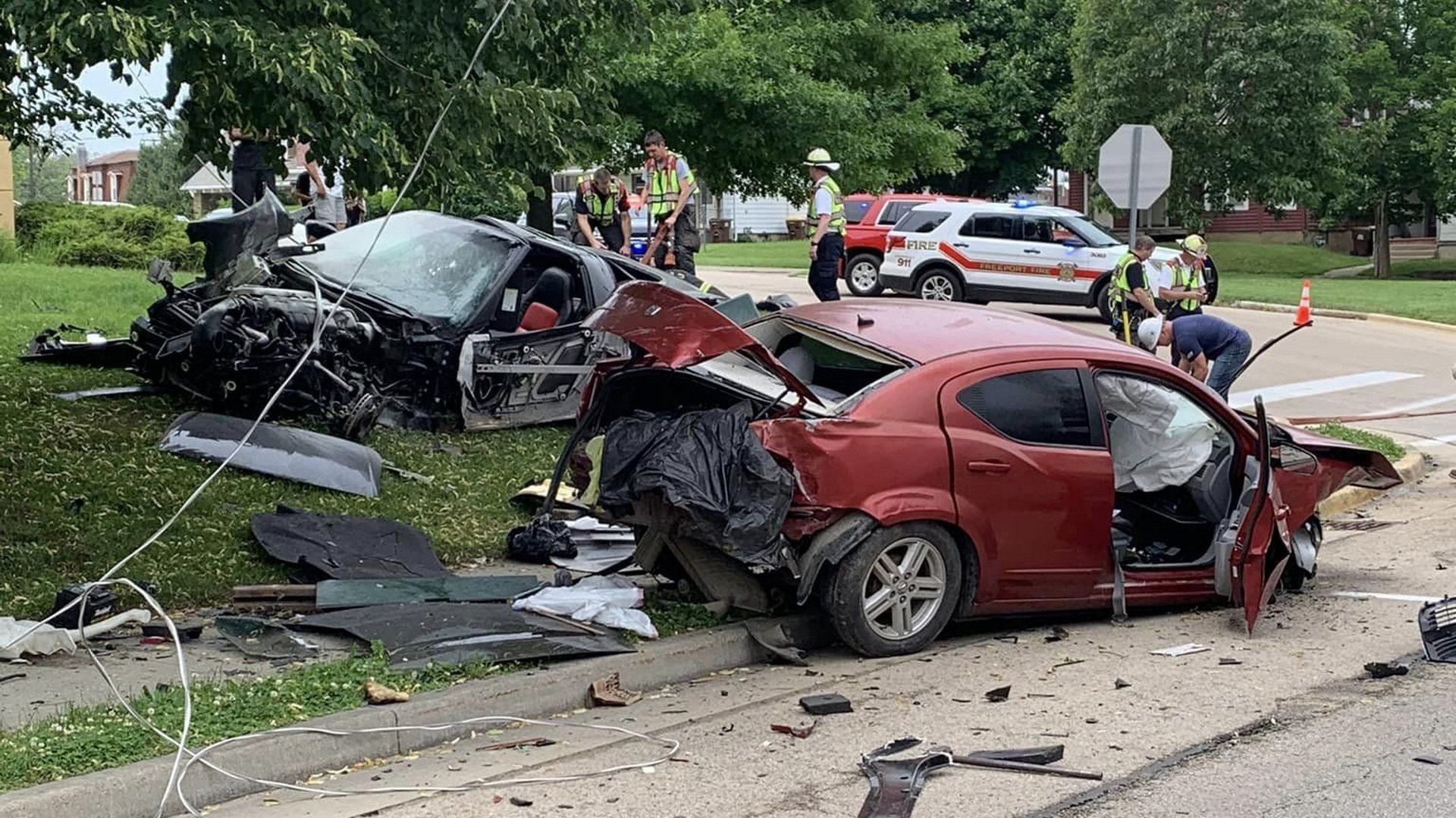 Violent Chevrolet Corvette And Dodge Avenger Crash Sends Four To Hospital [Video]
