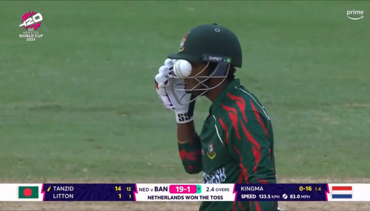 WATCH: Bizarre, lucky moment as Bangladesh opener gets ball lodged in his helmet [Video]